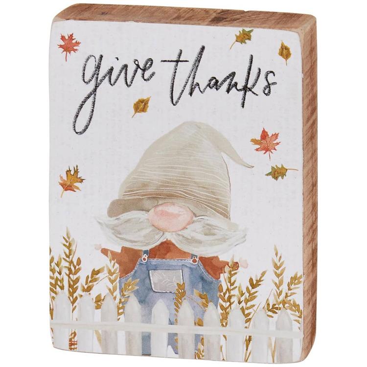 Primitives By Kathy Block Sign - Give Thanks Gnome