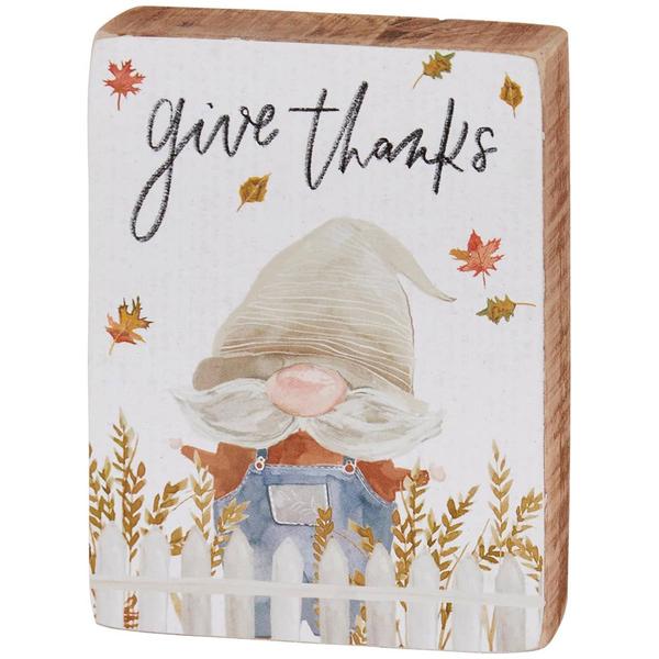 Primitives By Kathy Block Sign - Give Thanks Gnome - image 