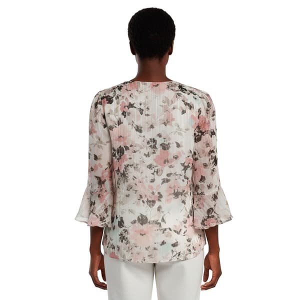 Petite Kasper 3/4 Bell Sleeve Spaced Floral Ruffle Neck Blouse