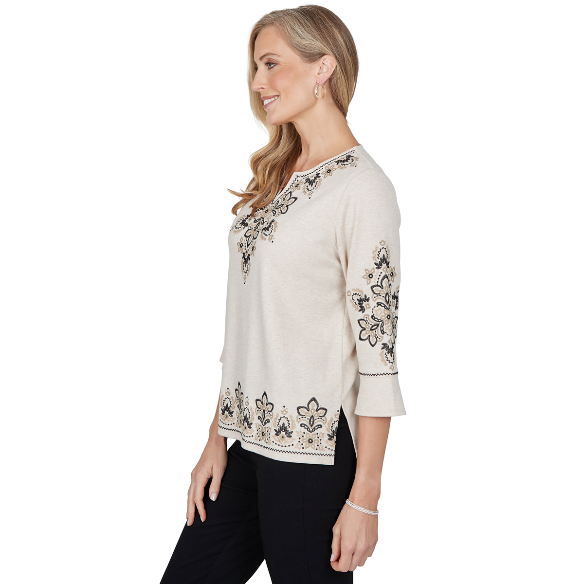 Womens Alfred Dunner Cityscape 3/4 Sleeve Embroidered Blouse