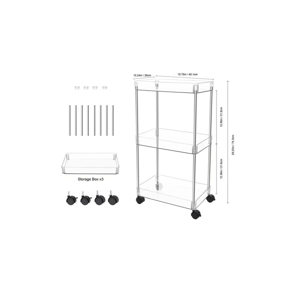 J&V Textiles Chrome Clear Acrylic 3 Tier Cart