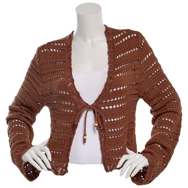 Juniors No Comment Long Sleeve Tie Front Textured Stitch Cardigan