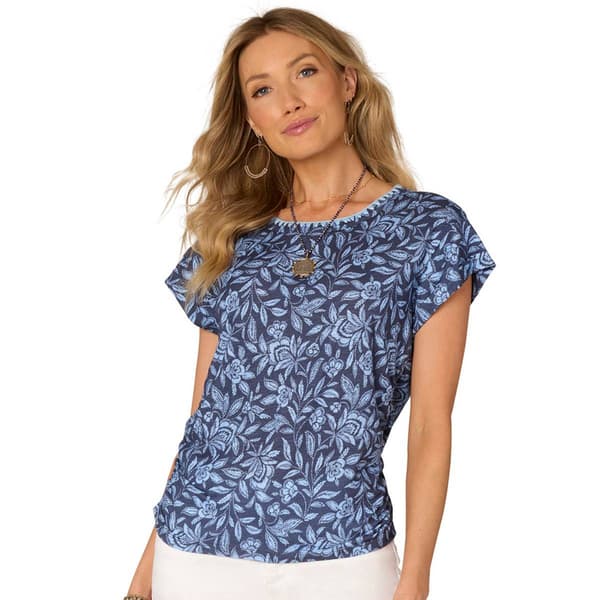 Womens Democracy Roll Cuff Sleeve Floral Embroidered Tee - image 