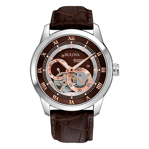 Mens Bulova Mechanical Brown Leather Strap Watch - 96A120