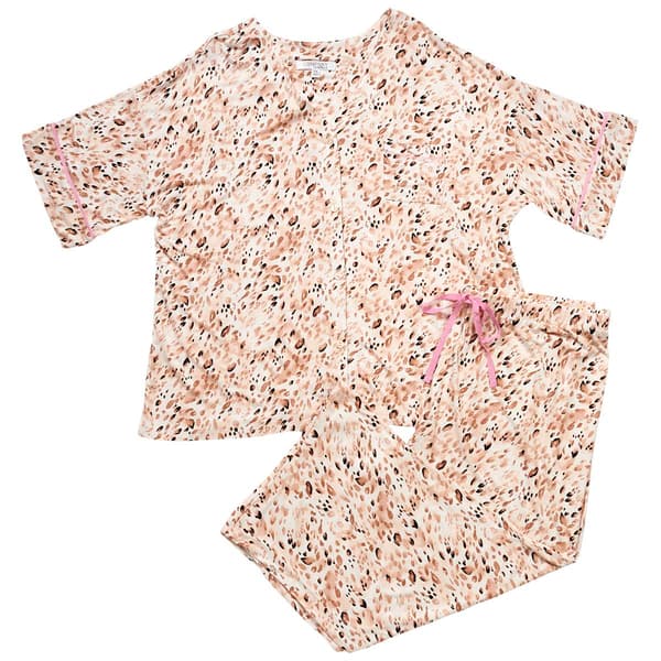 Womens Ellen Tracy Button Front Animal Crop Pants Pajama Set