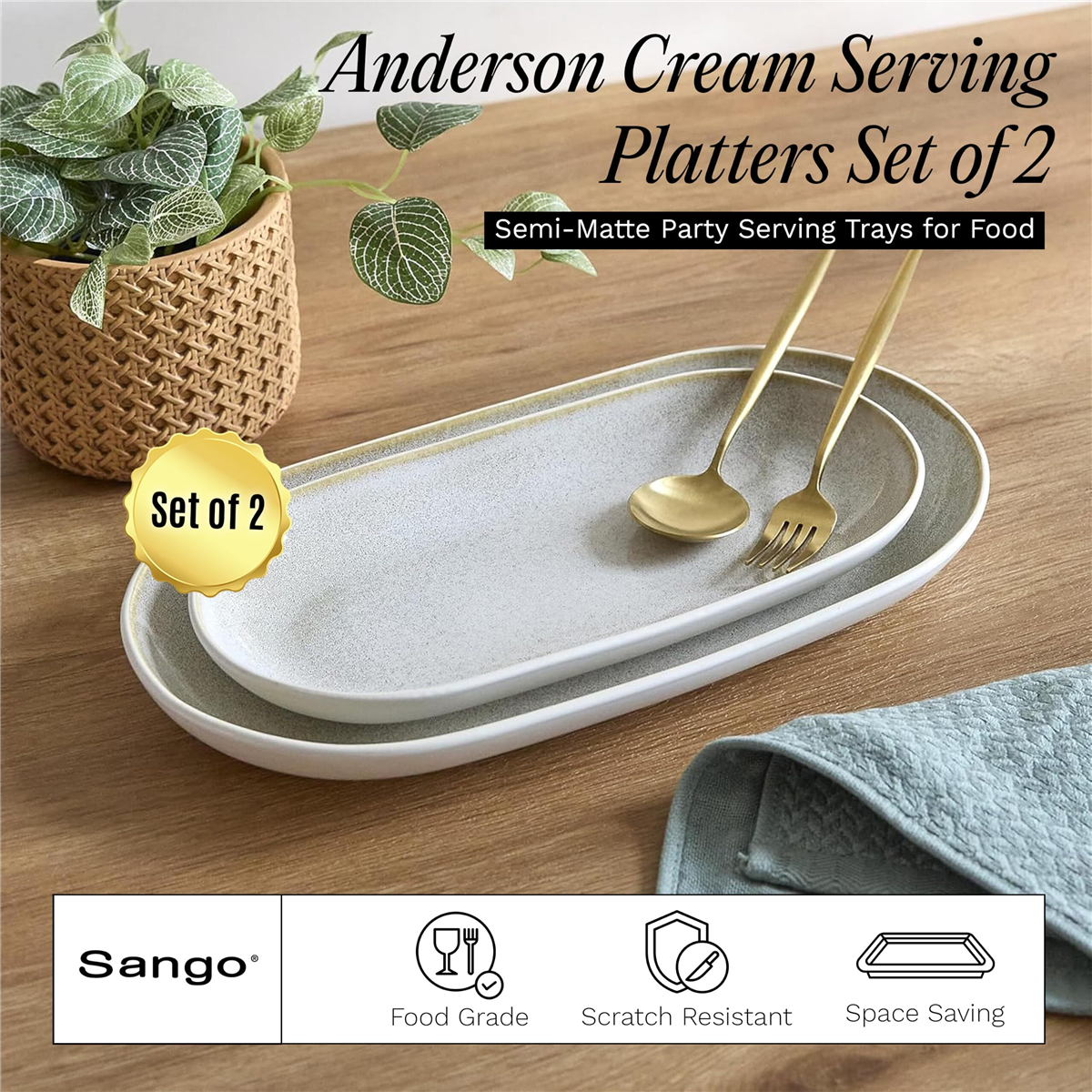Sango Anderson Cream Large Stoneware Serving Platters - Set of 2