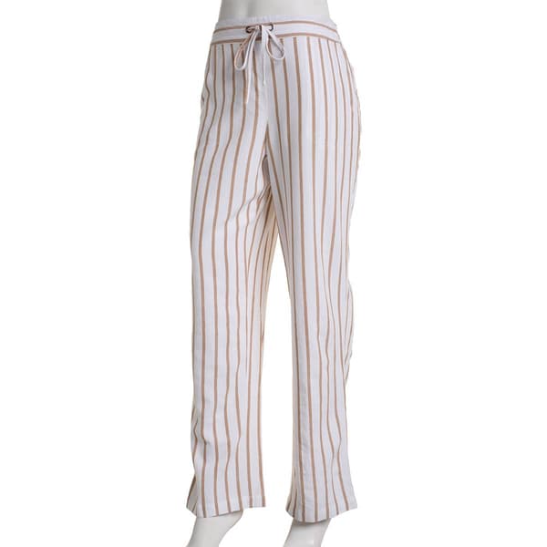 Womens Per Se Stripe Linen Beach Casual Pants-White/Khaki