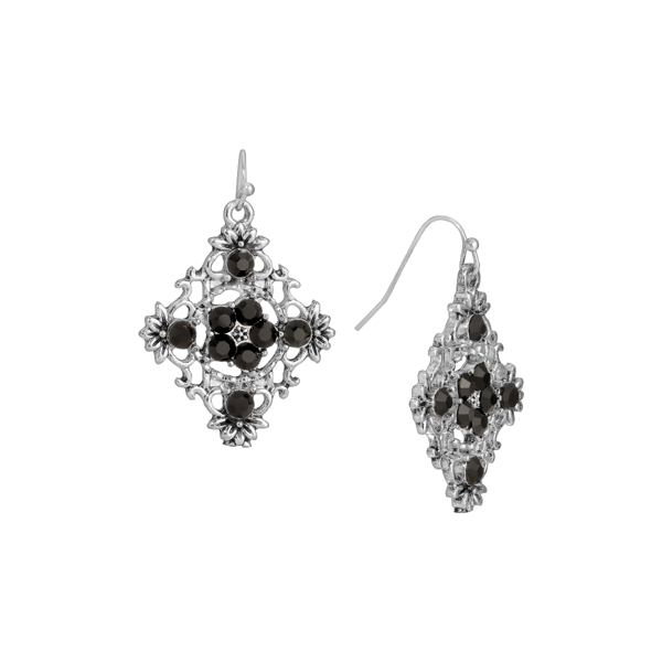 1928 Jewelry Silver-Tone Black Filigree Drop Earrings - image 