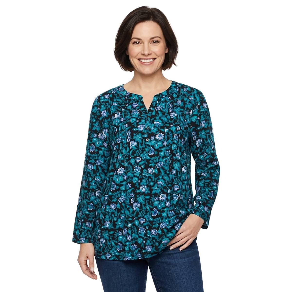 Womens Napa Valley 3/4 Sleeve Floral Pleated Blouse - Teal