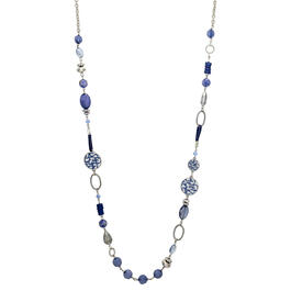 Ruby Rd. Silver-Tone Linked Chain Necklace w/ Blue Bead Stations
