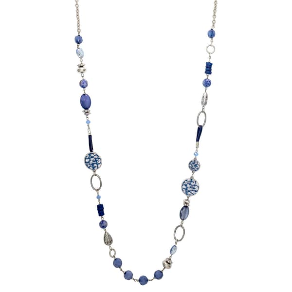 Ruby Rd. Silver-Tone Linked Chain Necklace w/ Blue Bead Stations - image 