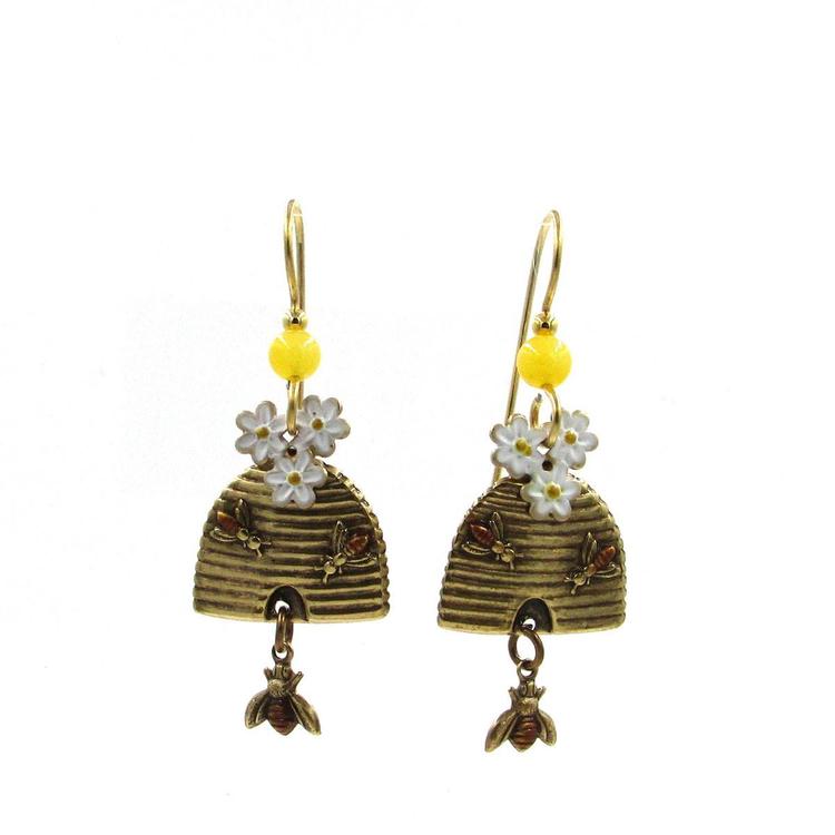 Silver Forest Flowers Honey Comb & Bee Drop Earrings