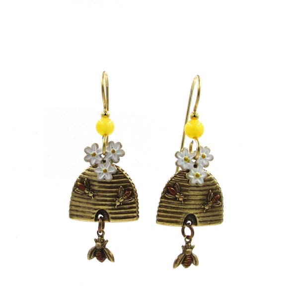 Silver Forest Flowers Honey Comb & Bee Drop Earrings - image 