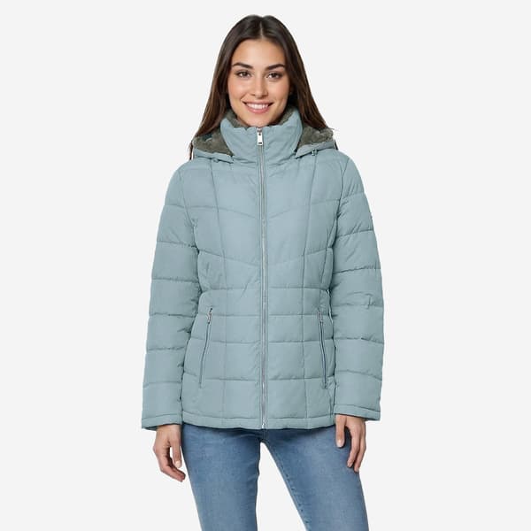 Womens Calvin Klein Short Puffer Jacket With Faux Fur Lined Hood