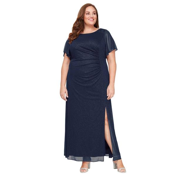 Plus Size SLNY Flutter Sleeve Glitter Mesh Side Slit Gown - image 