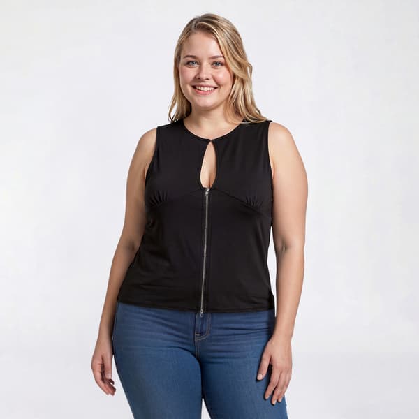 Juniors Plus Eye Candy Crew Neck Zip Front Tank Top
