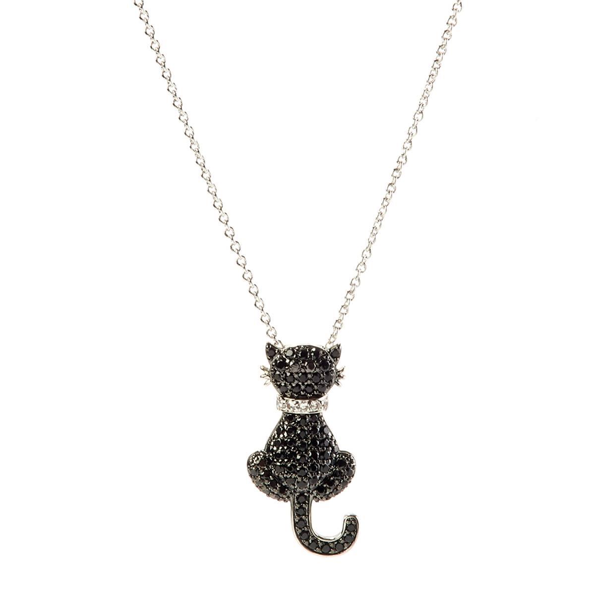 Sunstone Silver-Tone & Black Crystal Cat Pendant Necklace