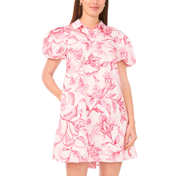 Womens MSK Short Puff Sleeve Floral Collared Shift Dress