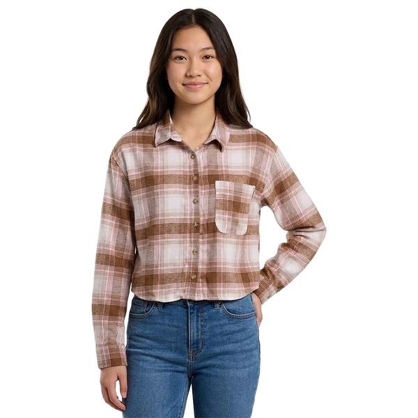 Juniors No Comment Cropped Plaid Flannel Shirt- Pink - image 