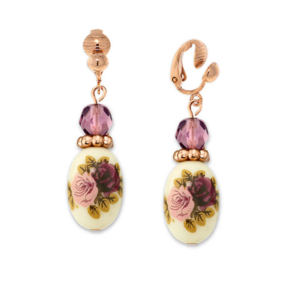 1928 Purple Crystal Bead Flower Drop Clip On Earrings - image 