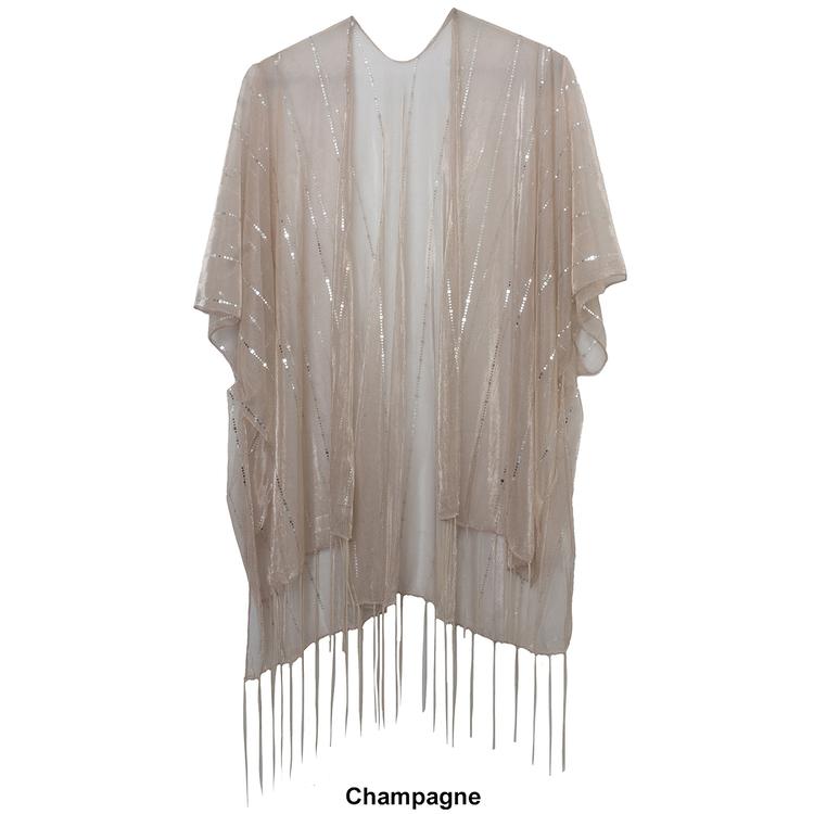 Womens Jessica McClintock Hologram Tie Front Fringe Kimono