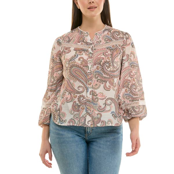 Womens Zac & Rachel 3/4 Puffed Sleeve Paisley Button Front Blouse