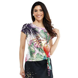 Womens OneWorld Palm Leaves Print Cap Sleeve Tie Front Tee