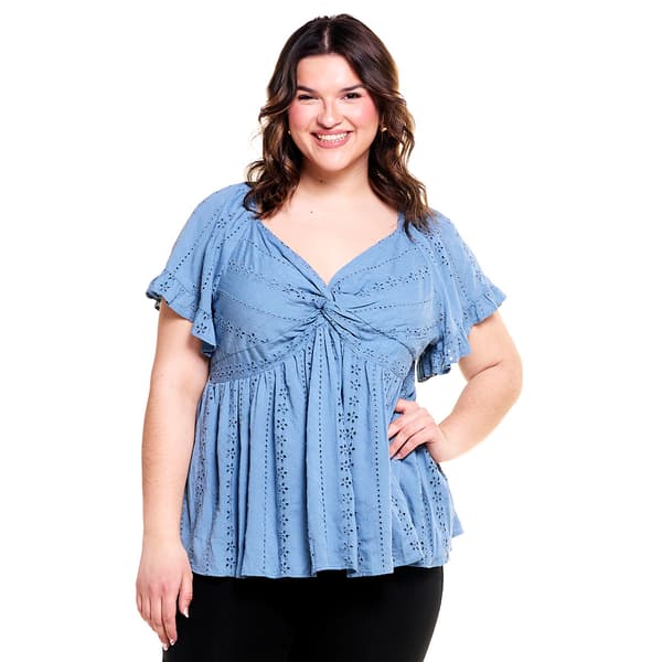 Juniors Plus Angie Solid Twist Front Eyelet Babydoll Blouse