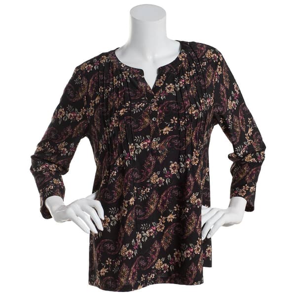 Womens Napa Valley 3/4 Sleeve Floral Paisley Pleat Henley Blouse - image 