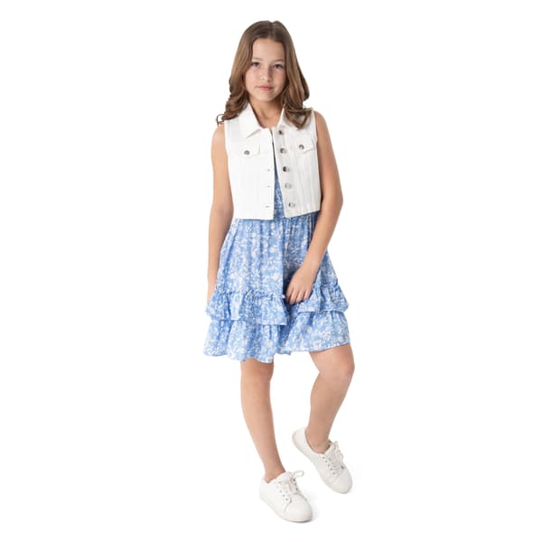 Girls &#40;7-16&#41; Rare Editions Sleeveless Floral Dress w/ Denim Vest
