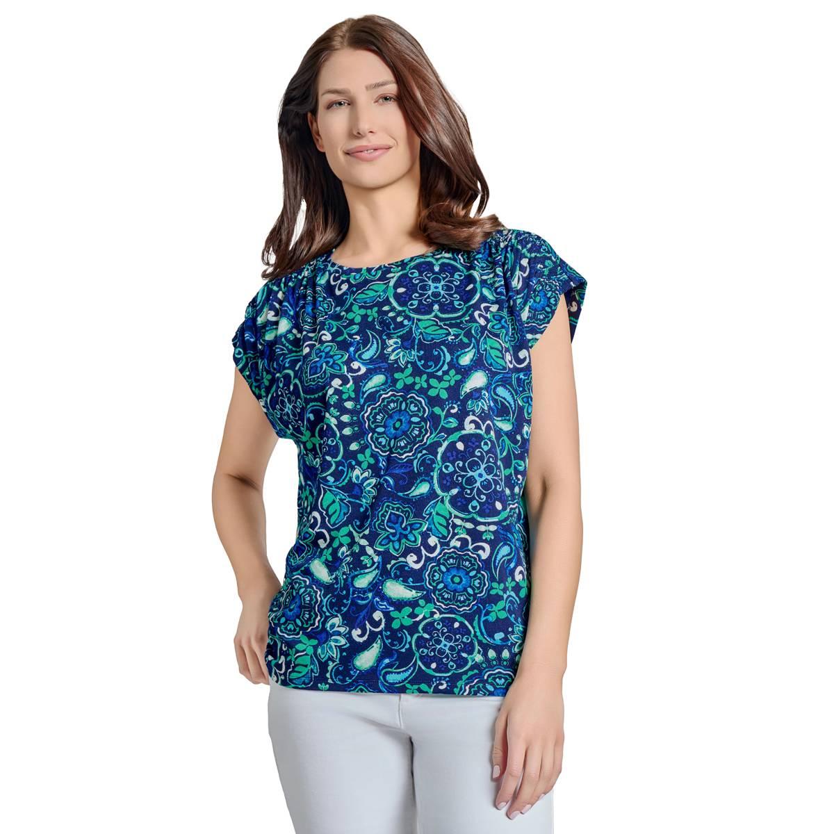 Womens Jones New York Shirring Cap Sleeve Floral Paisley Tee