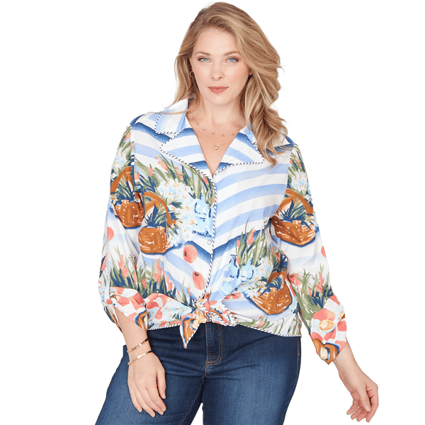 Women''s Ruby Rd. Set Sail Picnic Print Poplin Tied Snap Front Top