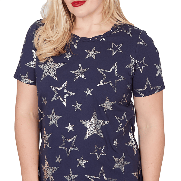 Womens Alfred Dunner Lady Liberty Short Sleeve Foil Stars Blouse