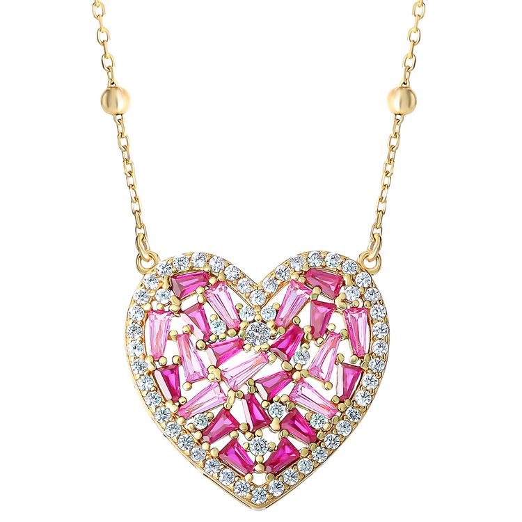 Splendere Gold Plated Sterling Silver Pink CZ Heart Necklace