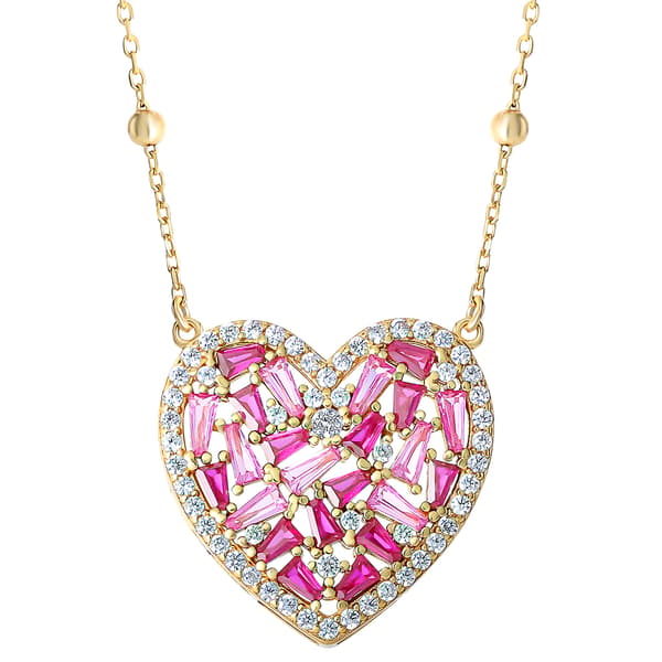 Splendere Gold Plated Sterling Silver Pink CZ Heart Necklace