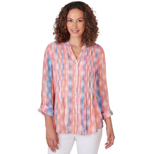 Petite Ruby Rd. Wovens 3/4 Sleeve Medallion Watercolor Stripe Top - image 