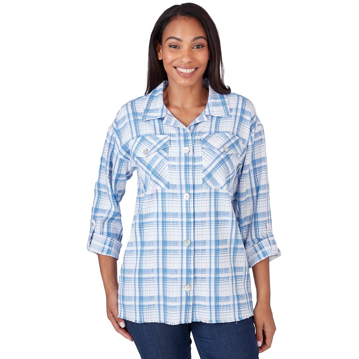 Womens Ruby Rd. Blue Horizon Button Front Plaid Jacket