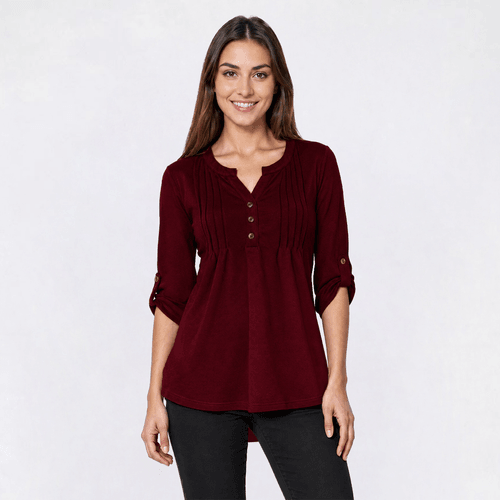 Petite Notations 3/4 Sleeve Solid Hacci Pintuck Blouse