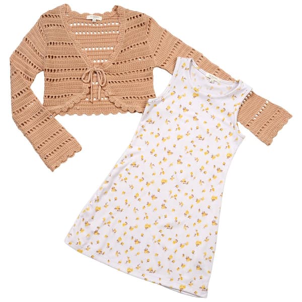 Girls (7-16) No Comment Pointelle Cardigan w/ Floral Rib Dress