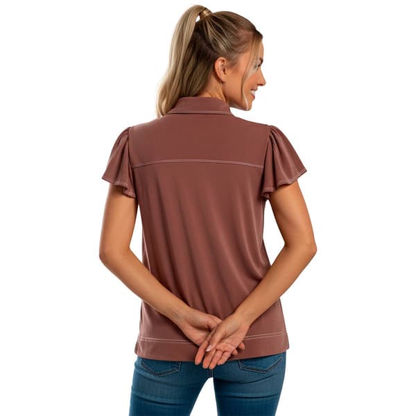 Womens Adrianna Papell Flutter Sleeve Solid Henley Blouse