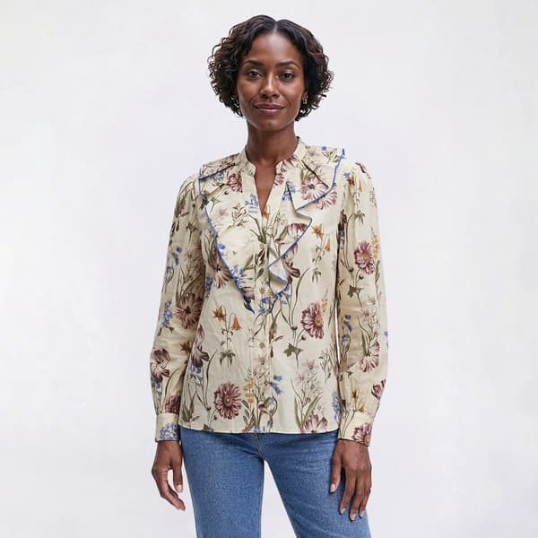 Womens Nicole Miller Long Sleeve Floral Button Up Poplin Blouse - image 