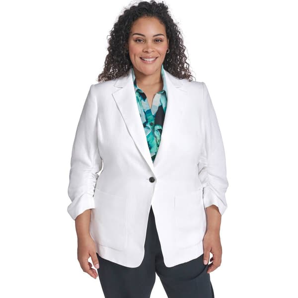 Plus Size Calvin Klein 3/4 Rouched Sleeve One Button Jacket w/ Po