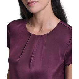 Womens Calvin Klein Short Sleeve Solid Pleated Neck Blouse