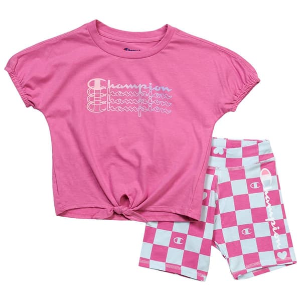 Girls (4-6x) Champion(R) Logo Tie Front Tee & Check Bike Shorts Set - image 