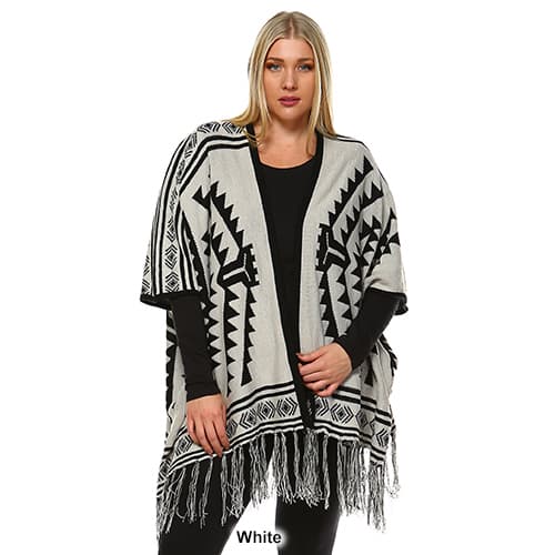 Plus Size White Mark Printed Aztec Poncho Cardigan