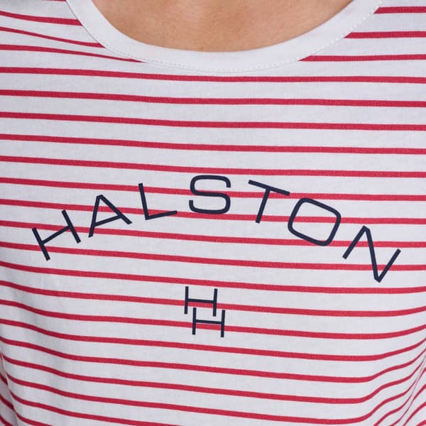 Womens Halston Short Sleeve Crew Neck Stripe Logo Tee
