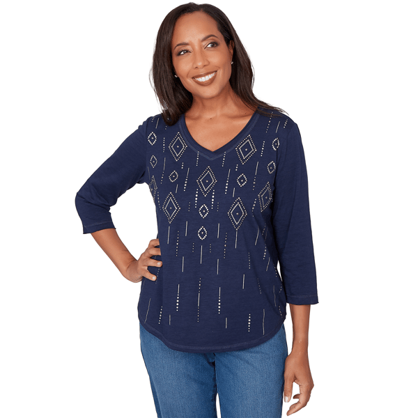 Womens Alfred Dunner Austin Rhinestone Diamond V Neck Blouse