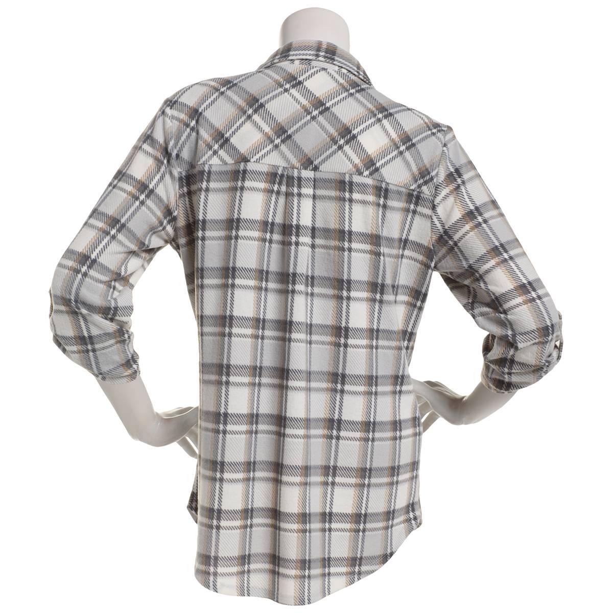 Womens Emily Daniels 3/4 Sleeve Plaid Hacci Blouse - Grey/Ivory