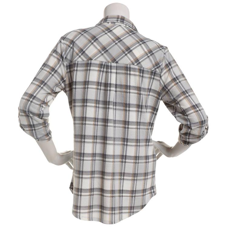 Petite  Emily Daniels 3/4 Sleeve Plaid Hacci Blouse - Grey/Ivory