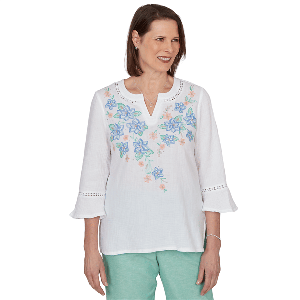 Petite Alfred Dunner Caribbean Blues 3/4 Flounce Sleeve Blouse